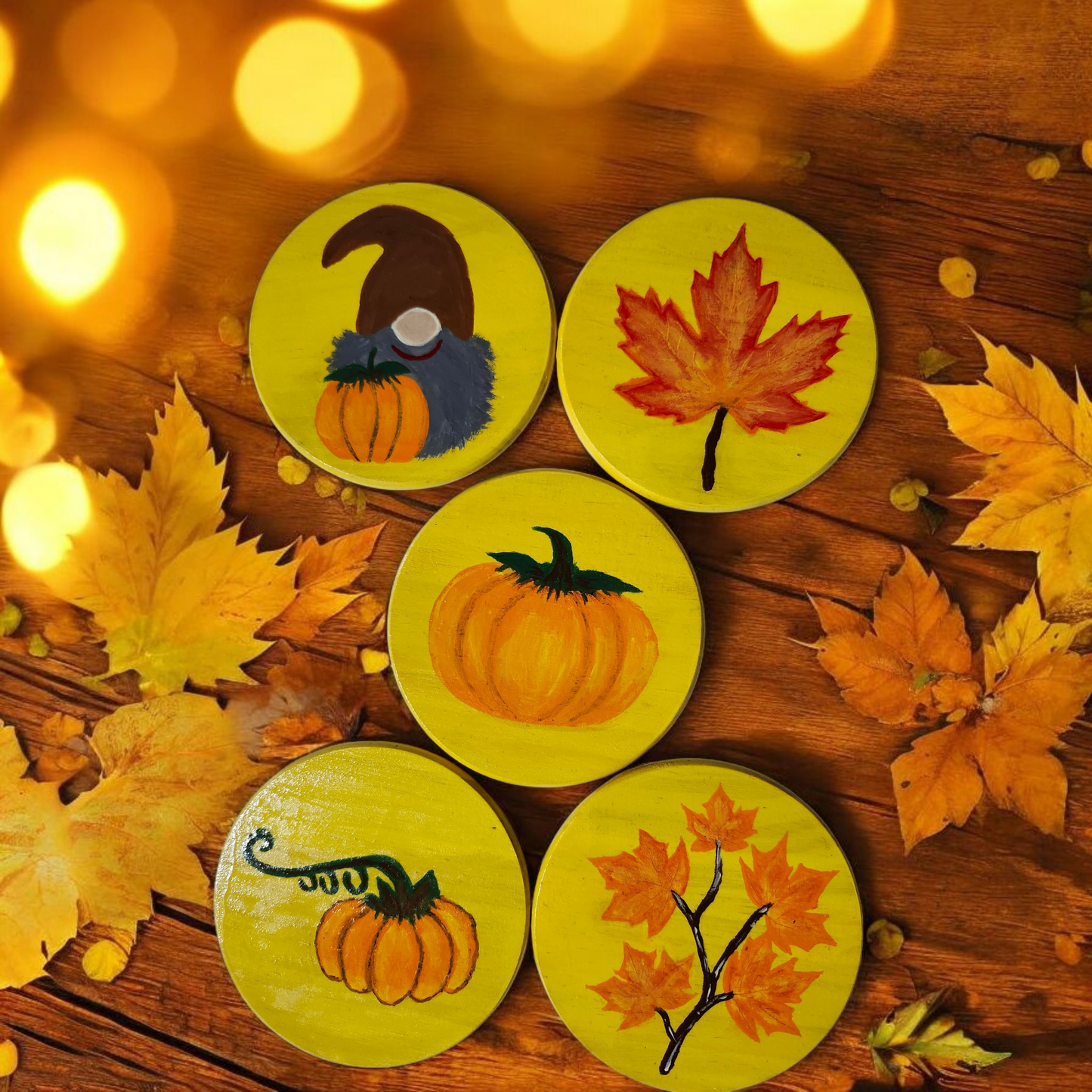 Five round wooden Coasters