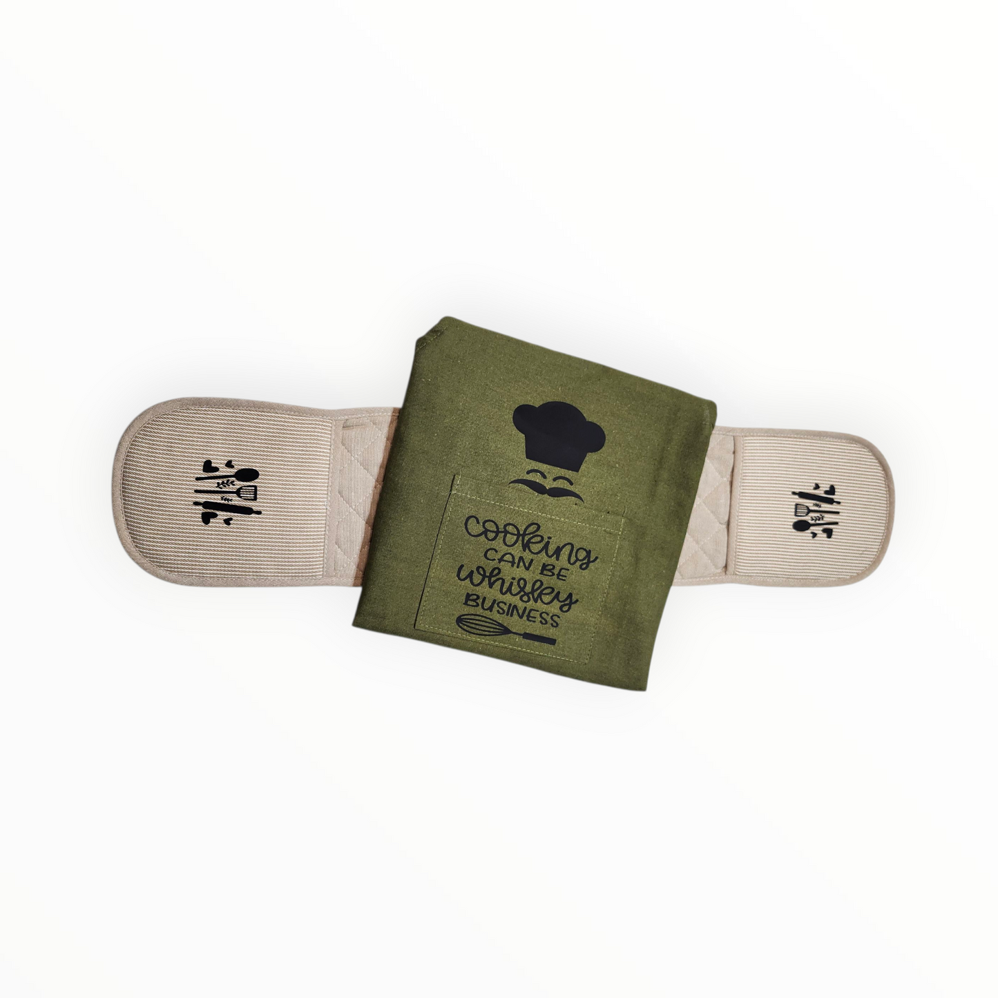 Set of printed apron and double oven mitt