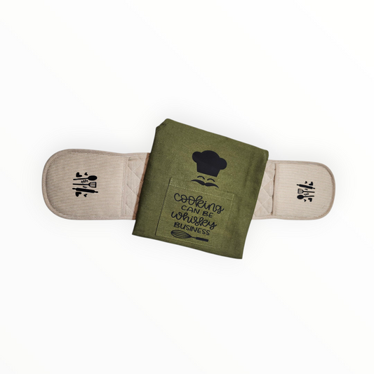 Set of printed apron and double oven mitt