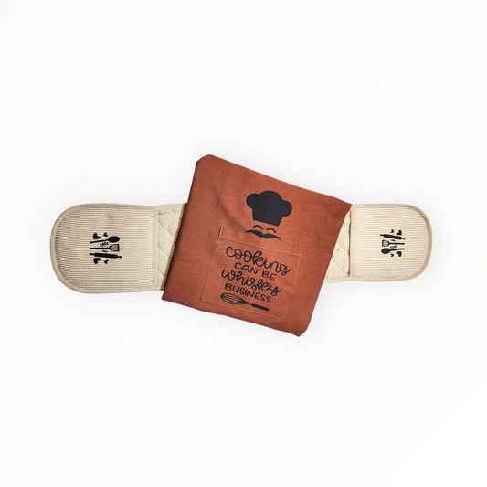 Set of printed apron and double oven mitt